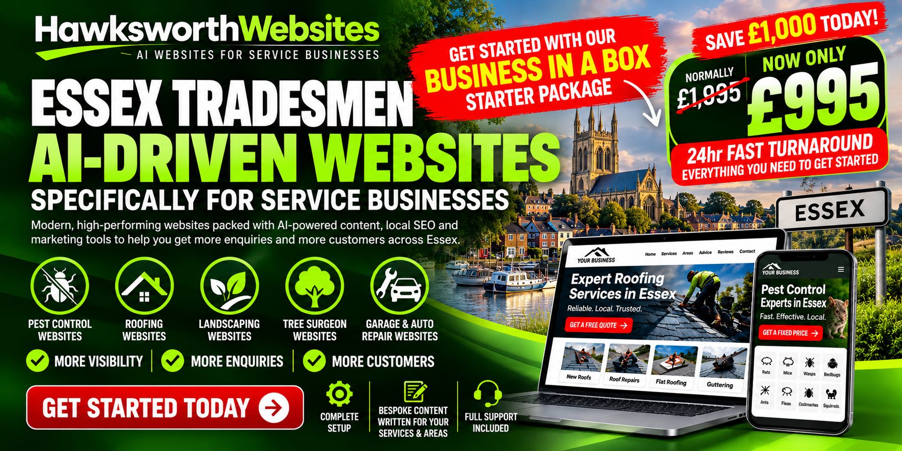 Essex tradesmen: AI-driven websites for service businesses from Hawksworth Websites. Business in a Box starter package now £995 with 24hr fast turnaround.