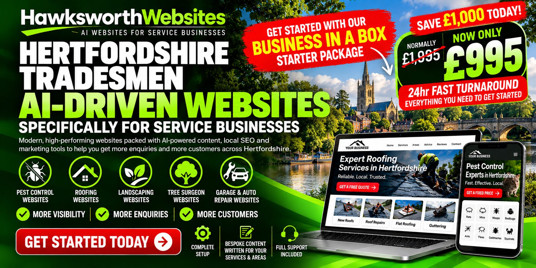 Hertfordshire tradesmen: AI-driven websites for service businesses from Hawksworth Websites. Business in a Box starter package now £995 with 24hr fast turnaround.