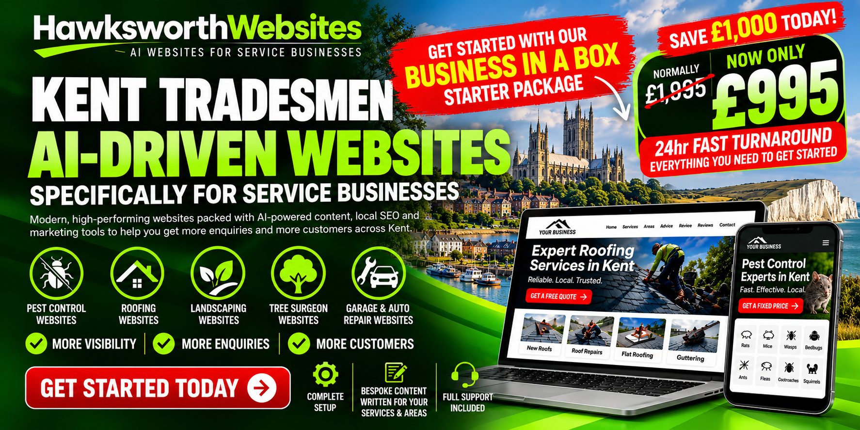Kent tradesmen: AI-driven websites for service businesses from Hawksworth Websites. Business in a Box starter package now £995 with 24hr fast turnaround.