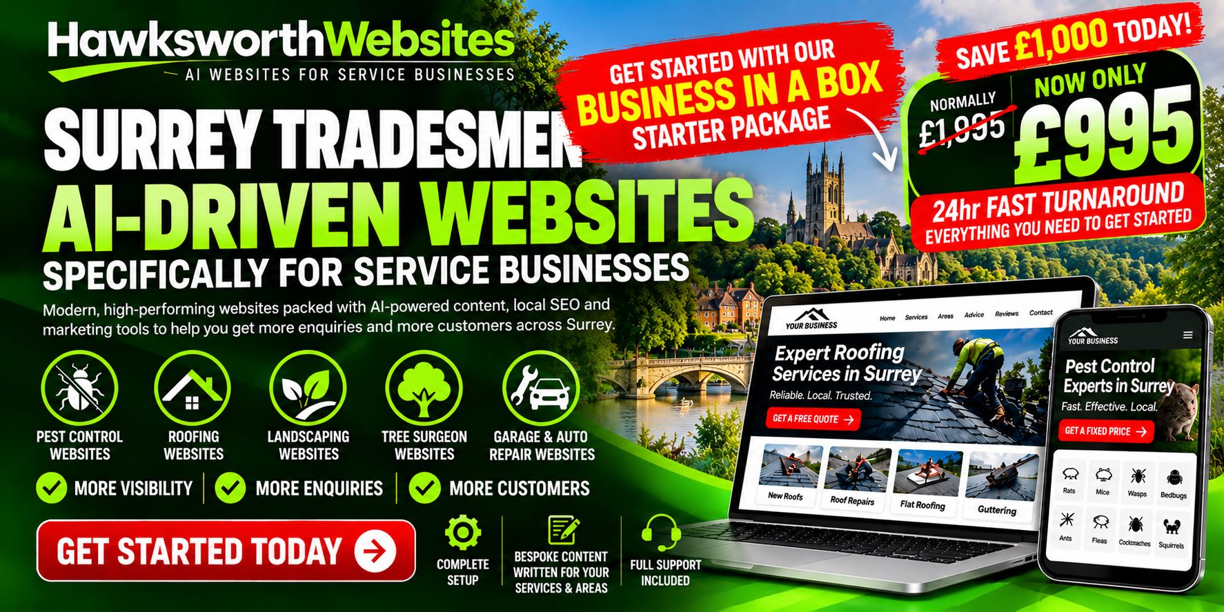 Surrey tradesmen: AI-driven websites for service businesses from Hawksworth Websites. Business in a Box starter package now £995 with 24hr fast turnaround.