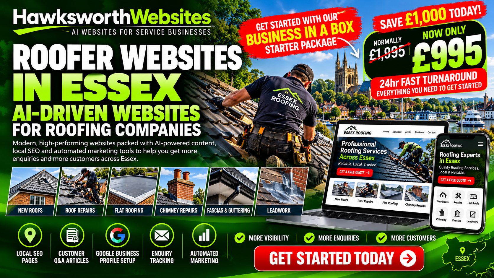 Roofer websites in Essex: AI-driven websites for roofing companies from Hawksworth Websites. Business in a Box starter package now £995 with 24hr fast turnaround.